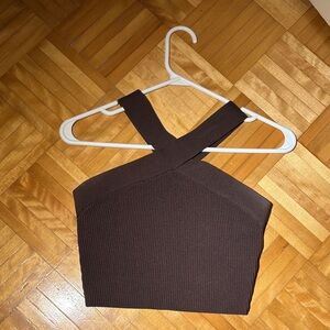 Babaton Dark Brown Cross-Front Ribbed Crop Top